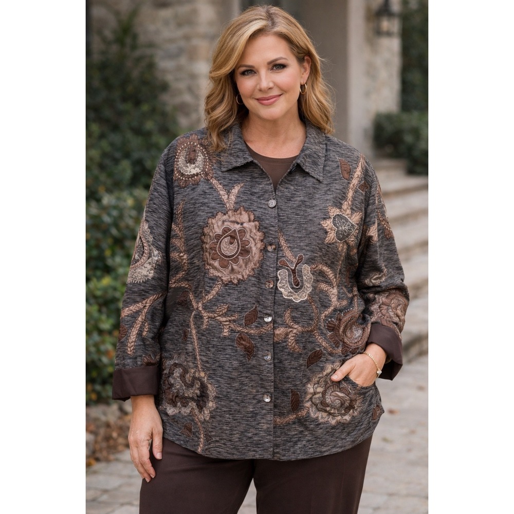 Maggie Barnes Women‎ Silk Floral Embroidered Jacket 3X Boho Artsy Chic Statement